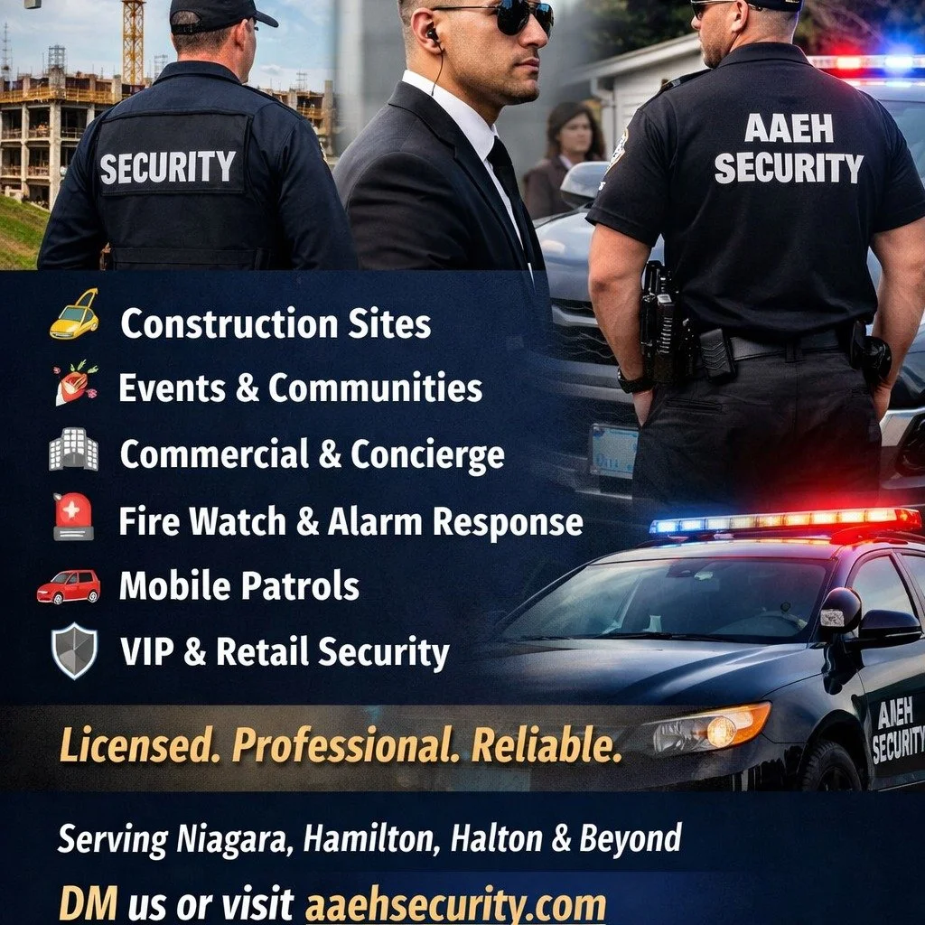 🔐 Security You Can Trust &mdash; 24/7

AAEH Security delivers professional protection across Ontario.

🏗 Construction Sites
🎉 Events &amp; Communities
🏢 Commercial &amp; Concierge
🚨 Fire Watch &amp; Alarm Response
🚗 Mobile Patrols
🛡 VIP &amp; 
