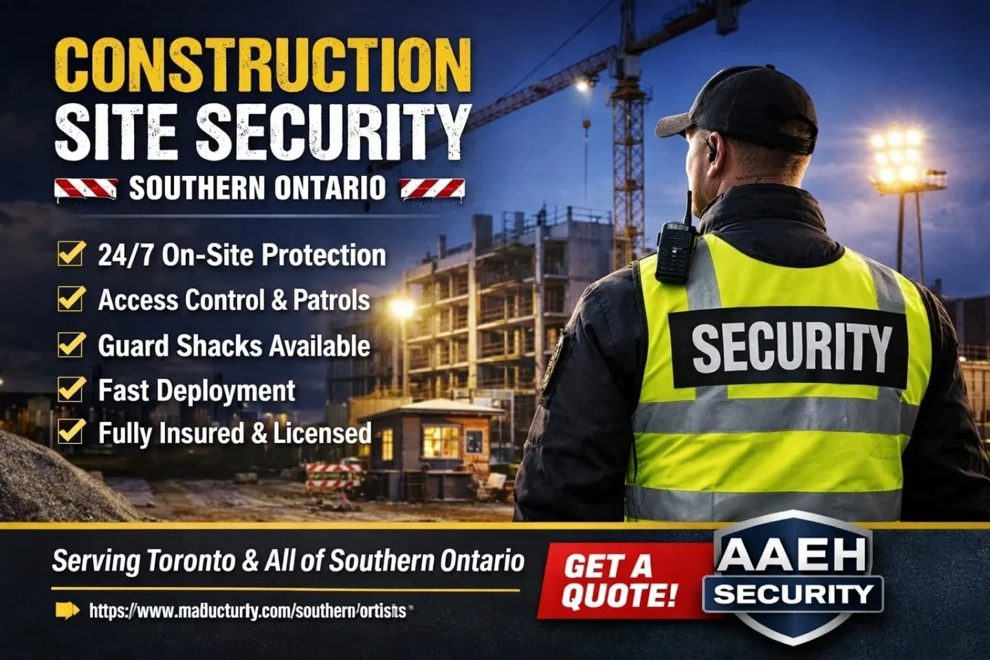 🚧 Construction Site Security You Can Trust &ndash; Serving Southern Ontario 🚧

Construction sites are prime targets for theft, vandalism, and unauthorized access &mdash; don&rsquo;t leave your project unprotected.

At AAEH Security, we provide prof