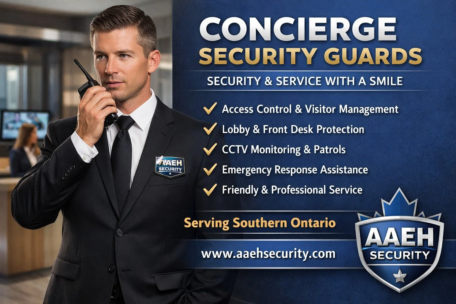 🏨🔐 Professional Concierge Security You Can Trust 🔐🏨

At AAEH Security, our Concierge Security Guards provide the perfect balance of safety, professionalism, and customer service.
Whether it&rsquo;s a residential condo, commercial building, or cor