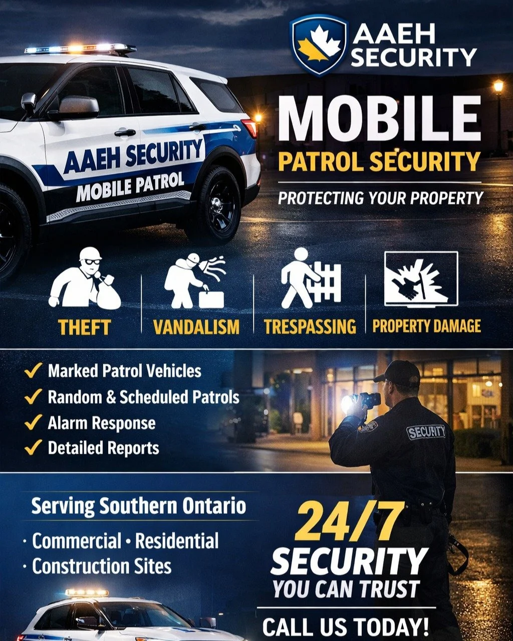 🚓 Mobile Patrol Security You Can Trust 🚓

Looking for reliable, cost-effective protection for your property? AAEH Security&rsquo;s Mobile Patrol Services provide a strong visual deterrent and rapid response when you need it most.
We service commerc