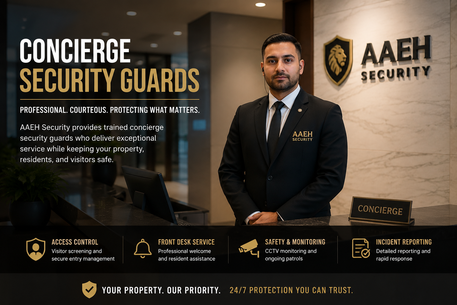 Concierge security guard working night shift monitoring a quiet building lobby in Ontario