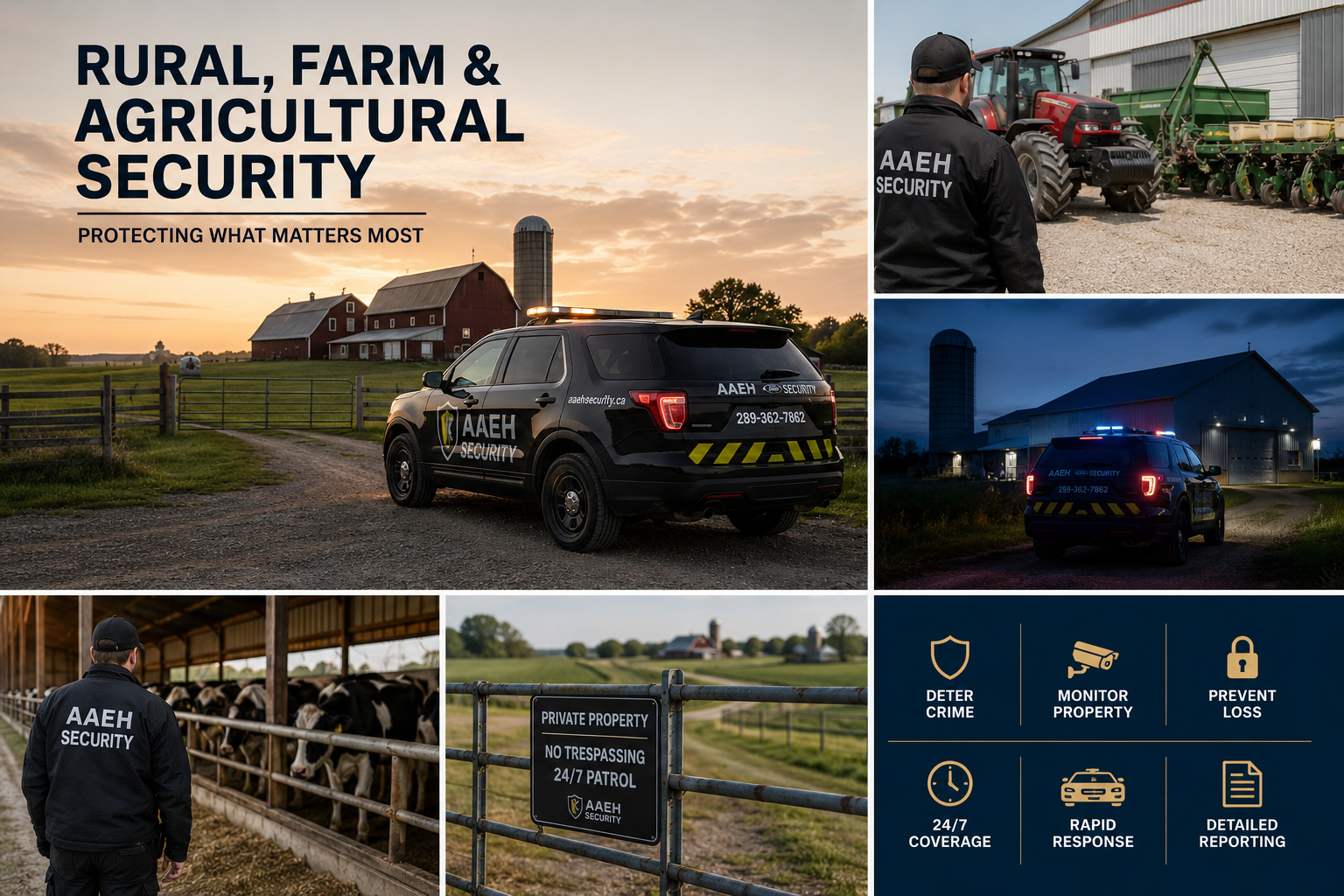 Security patrol vehicle monitoring rural farmland in Southern Ontario
