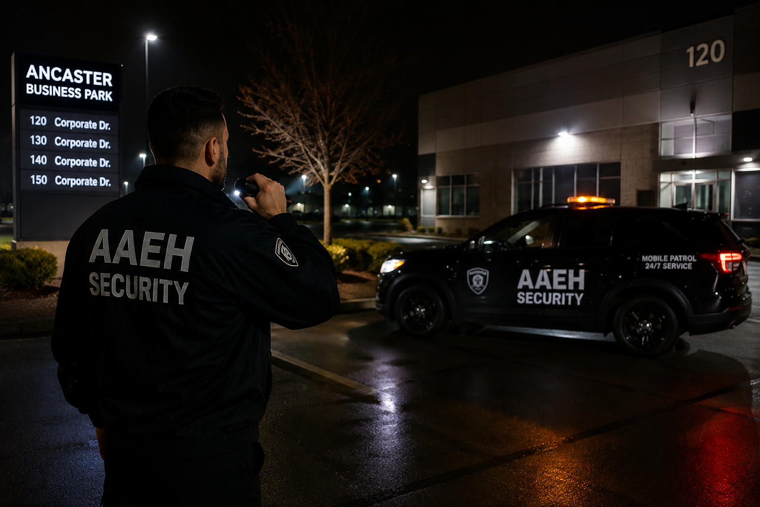 Mobile patrol security vehicle providing overnight patrol services in Ancaster Ontario