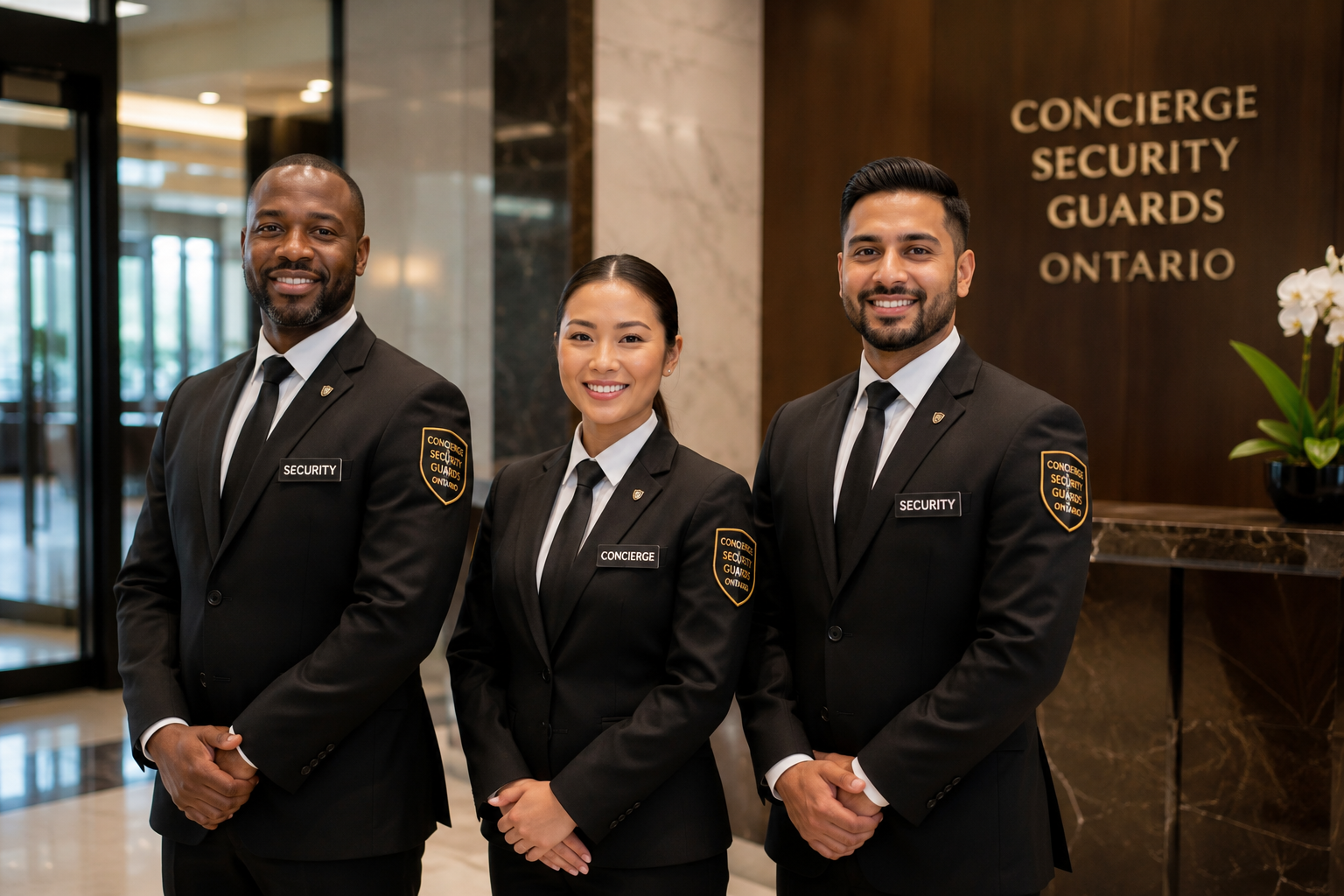 Security concierge assisting tenant with directions and building information at front desk