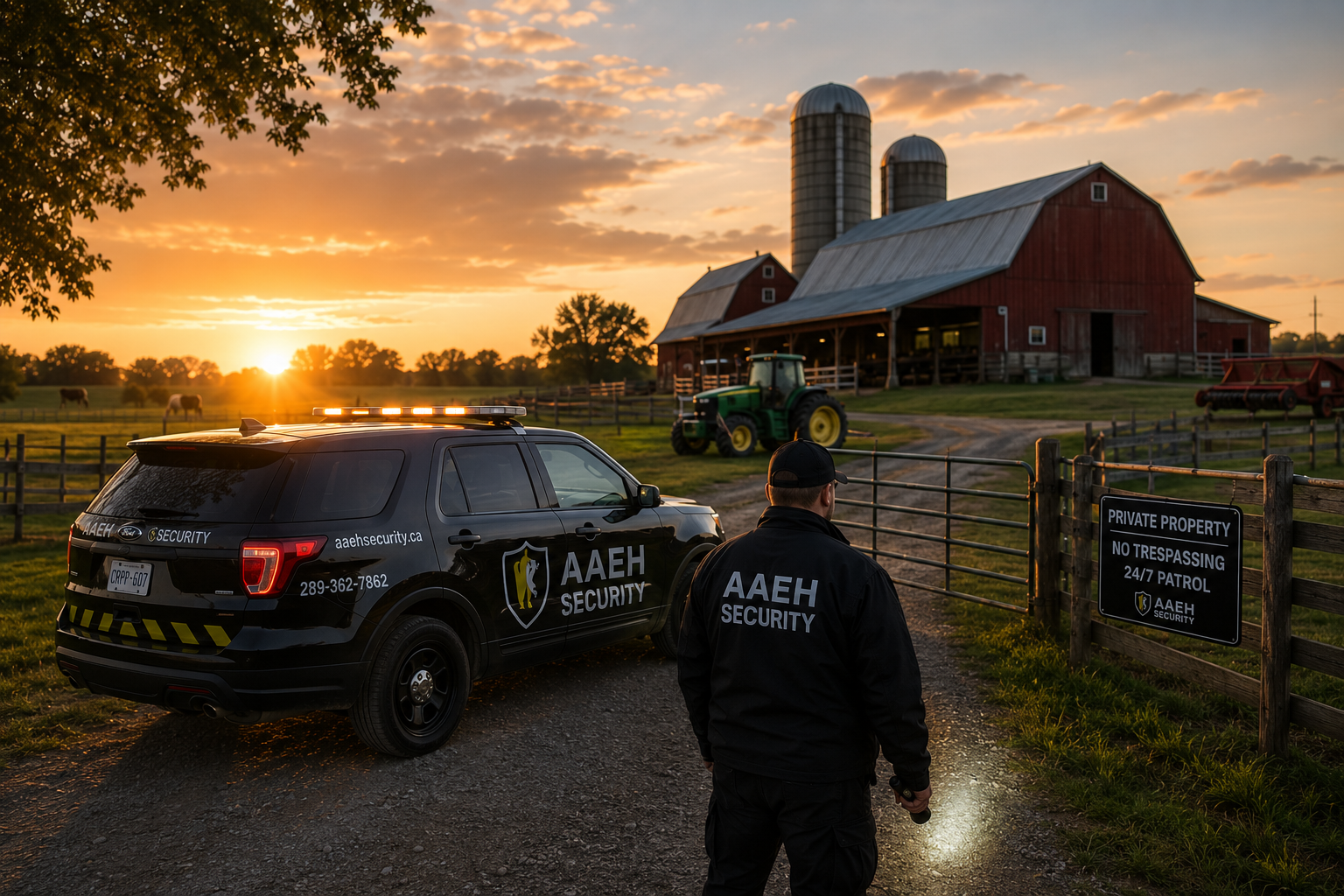 Night time security patrol vehicle securing rural agricultural property