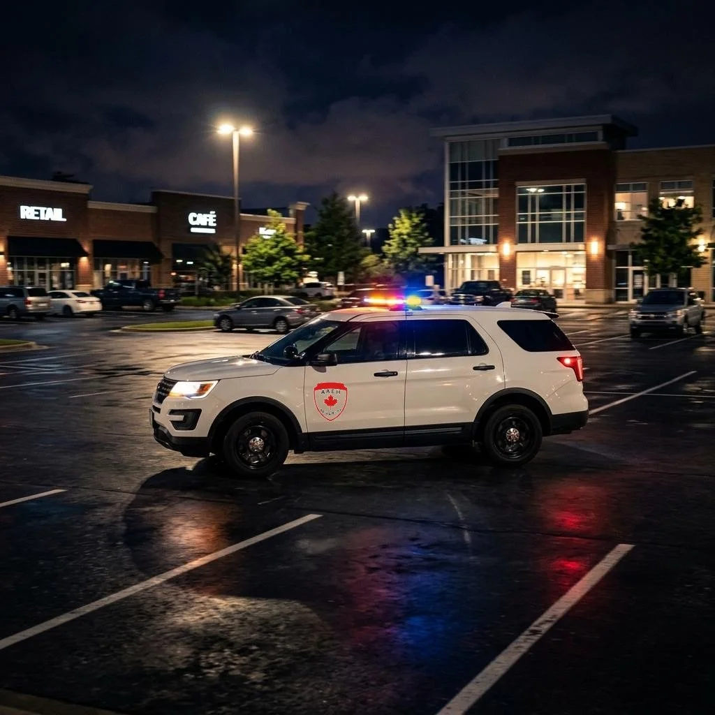AAEH Security mobile patrol vehicle conducting security checks at a commercial property in Brantford, Ontario.