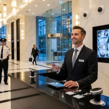 Security guard managing vehicle and visitor access at a commercial property in Brantford, Ontario.