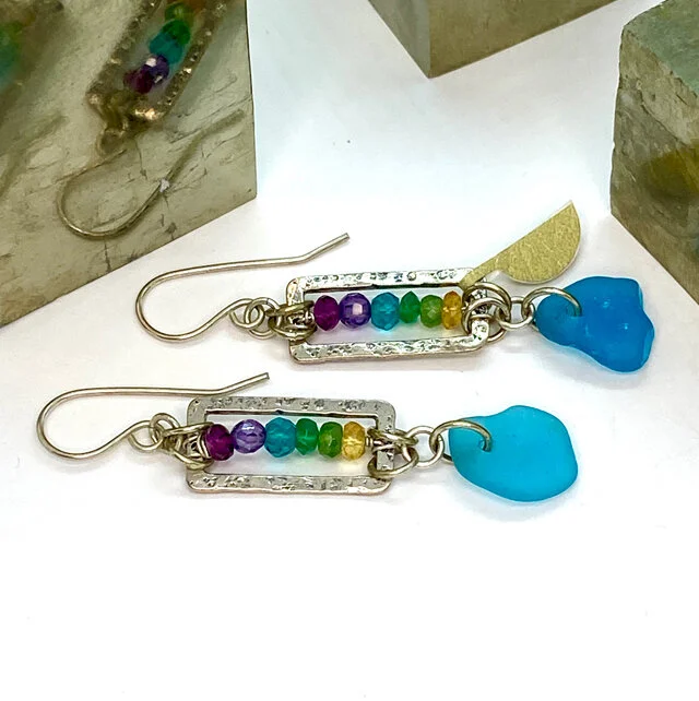 Rainbow Gemstone Earrings - Turquoise Blue Sea Glass - Sterling