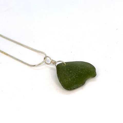 Simple Sea Glass Necklace - Olive Green