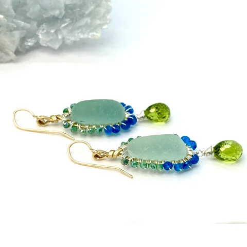 Gemstone Border Earrings - English Seafoam Bottle Stopper Stems - Sterling and 14K Gold
