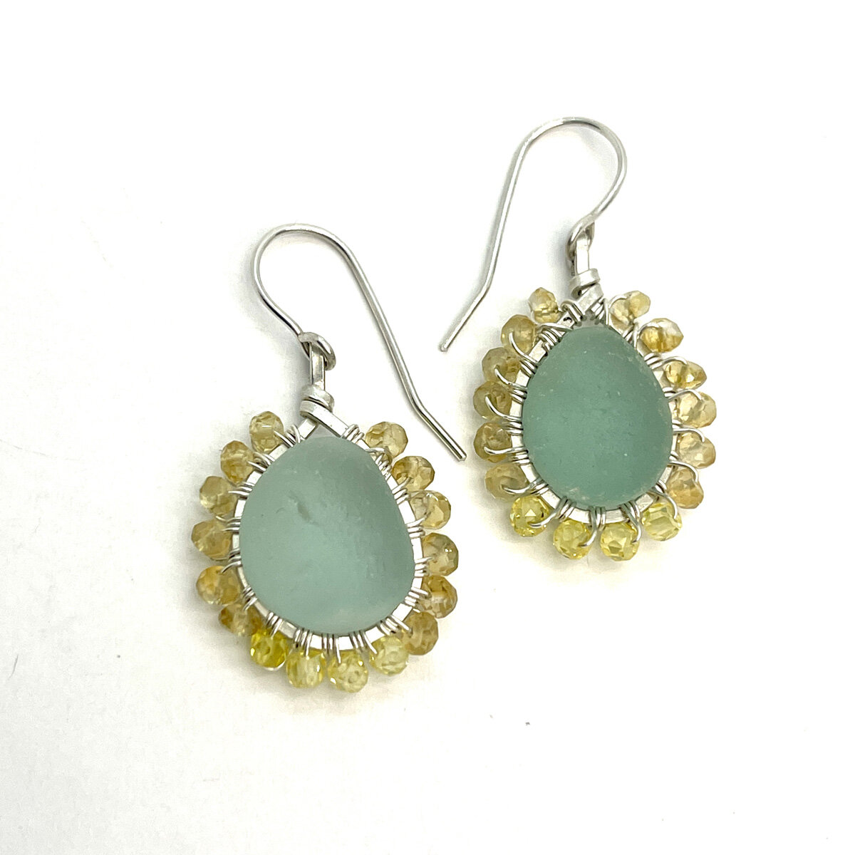 Woven Gemstone Border Earrings - Seafoam Green Sea Glass - Sterling