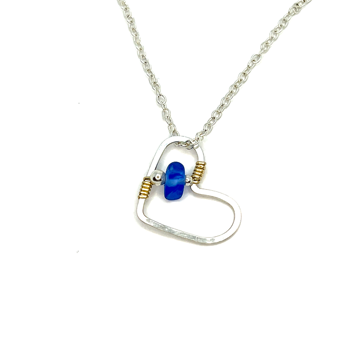 Small Heart Necklace - Cornflower Blue Sea Glass - Sterling Silver and 14K Gold