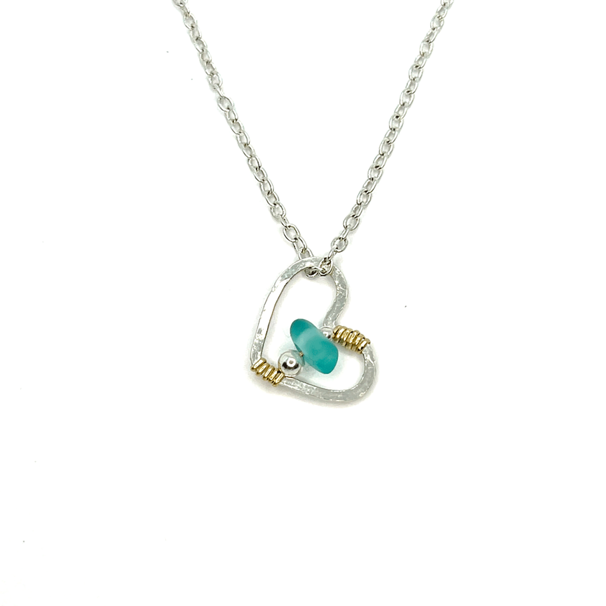Small Mini Heart Necklace - Sky Blue Sea Glass - Sterling Silver and 14K Gold