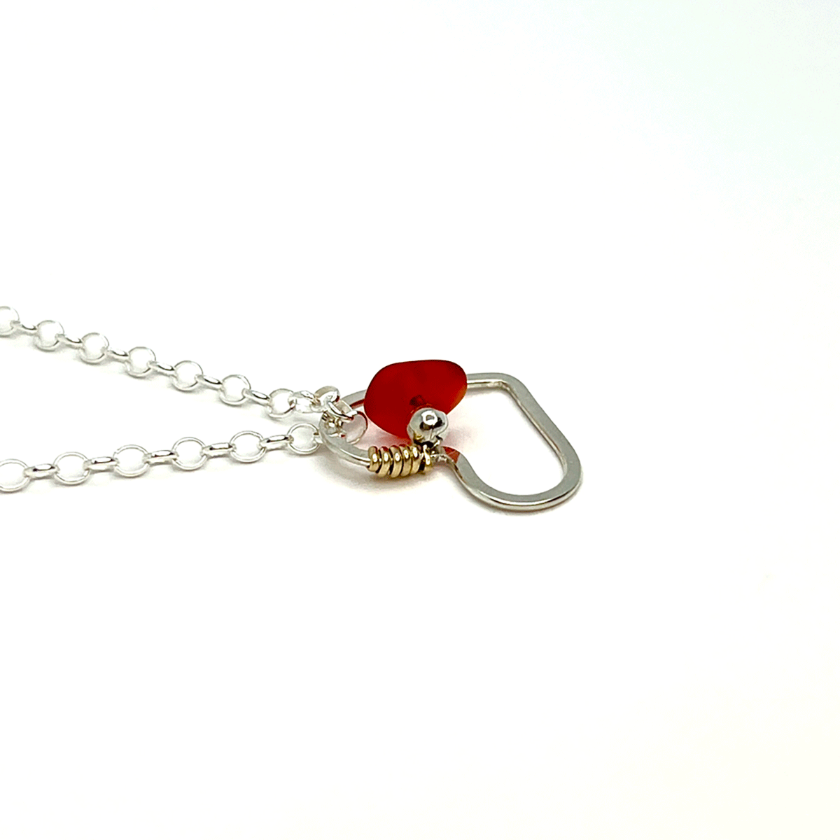 Small Heart Necklace - Red Sea Glass - Sterling Silver and 14K Gold
