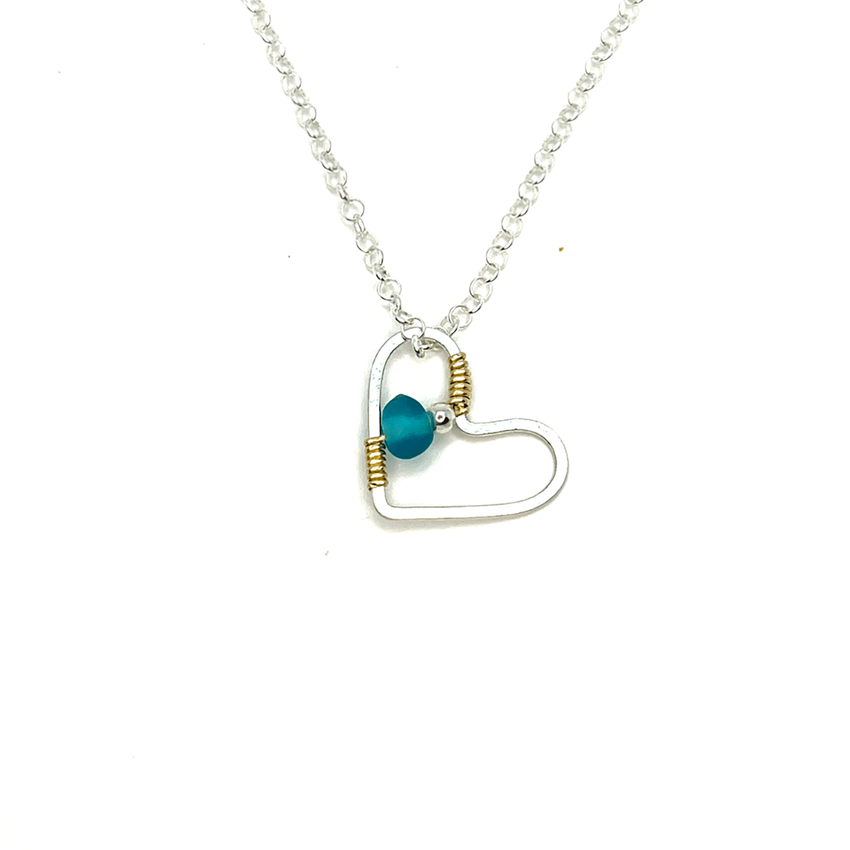 Small Heart Necklace - Aqua Blue Sea Glass - Sterling Silver and 14K Gold