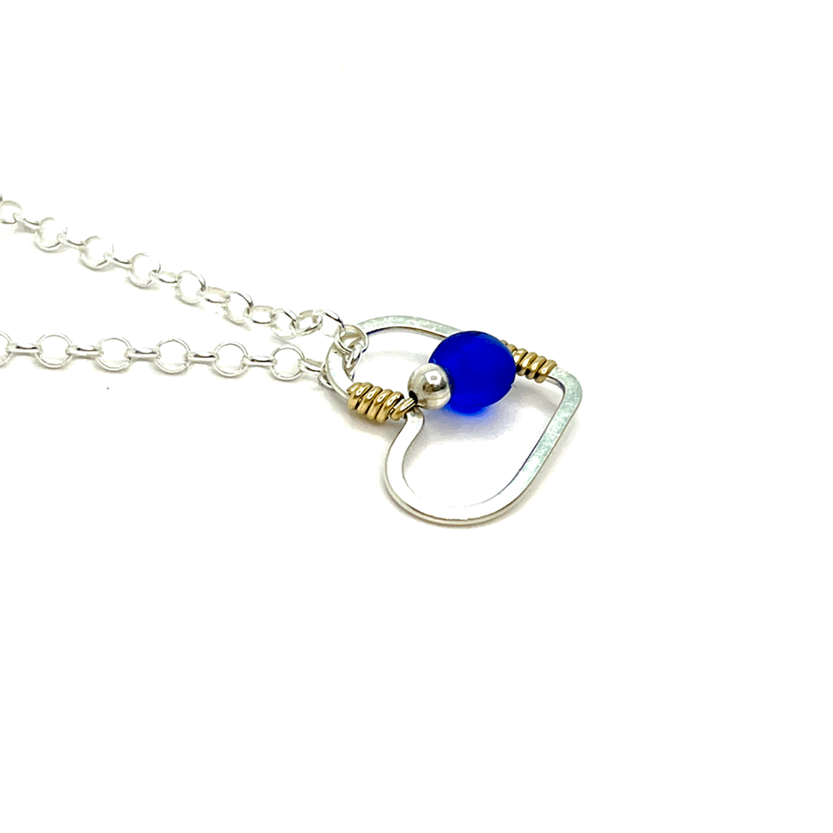 Small Heart Necklace - Cobalt Blue Sea Glass - Sterling Silver and 14K Gold