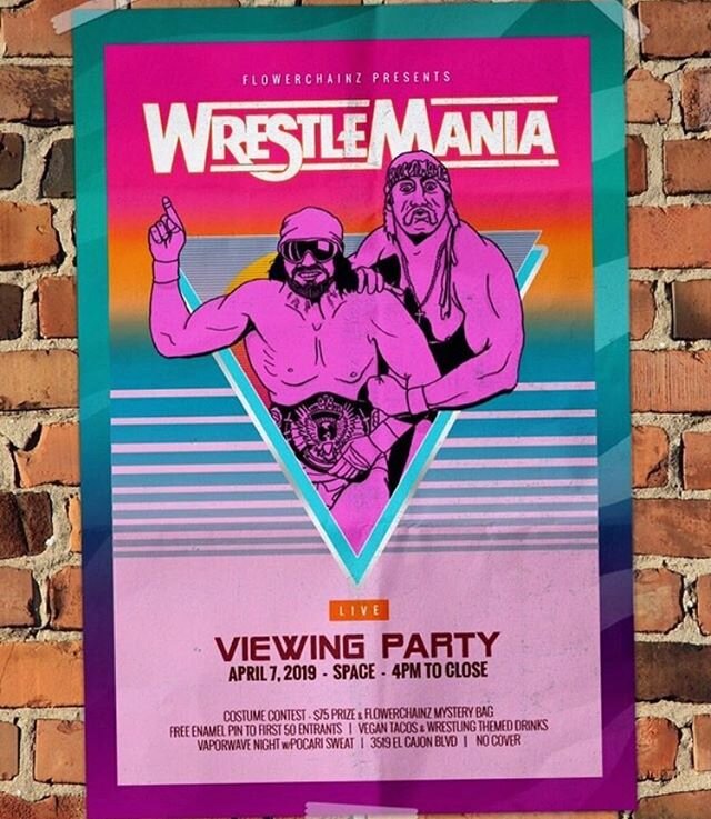 SUNDAY🗣SUNDAY🗣SUNDAY 
We&rsquo;ll be posted outside of @spacebarsd this SUNDAY APRIL 7th for a LIVE VIEWING PARTY of WRESTLEMANIA 🤼&zwj;♂️🤼&zwj;♂️🤼&zwj;♂️ hosted by our buds @flowerchainz w/ flier by @loser_heavy
Costume contest, $75 prize &amp;