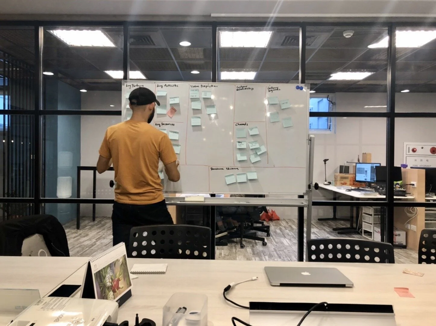 A person in a mustard-colored shirt and black cap writing on a whiteboard filled with notes and sticky notes in an office conference room, with desks and computers in the background.