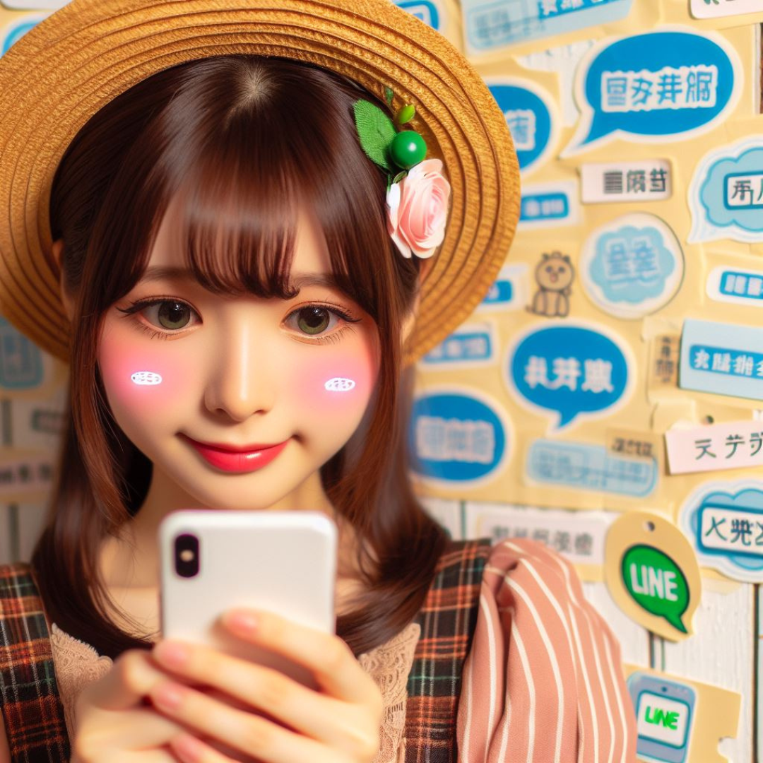 Young woman with brown hair and green eyes wearing a straw hat decorated with a pink flower, holding a smartphone, standing in front of a wall with blue and yellow speech bubble stickers.
