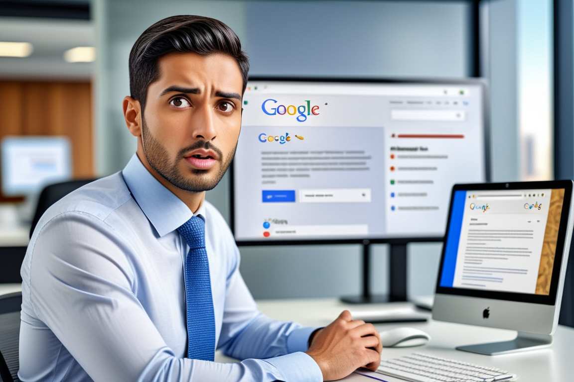 A man in a business shirt and tie sitting at a desk with computer screens showing Google search pages, looking surprised.