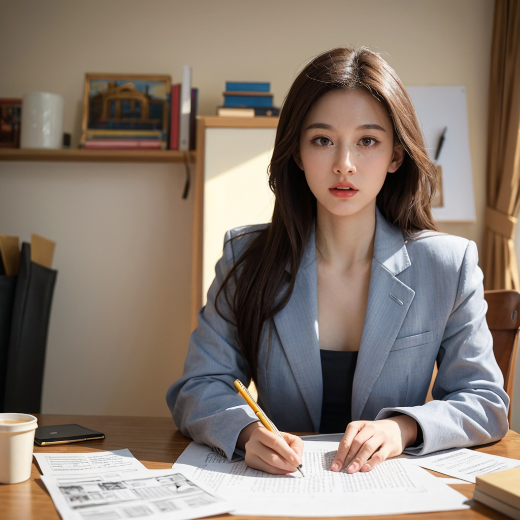 A young woman with long brown hair, wearing a gray blazer, sits at a wooden desk filled with papers and a coffee cup, working and looking at the camera in a well-lit room with a bookshelf and a whiteboard in the background.