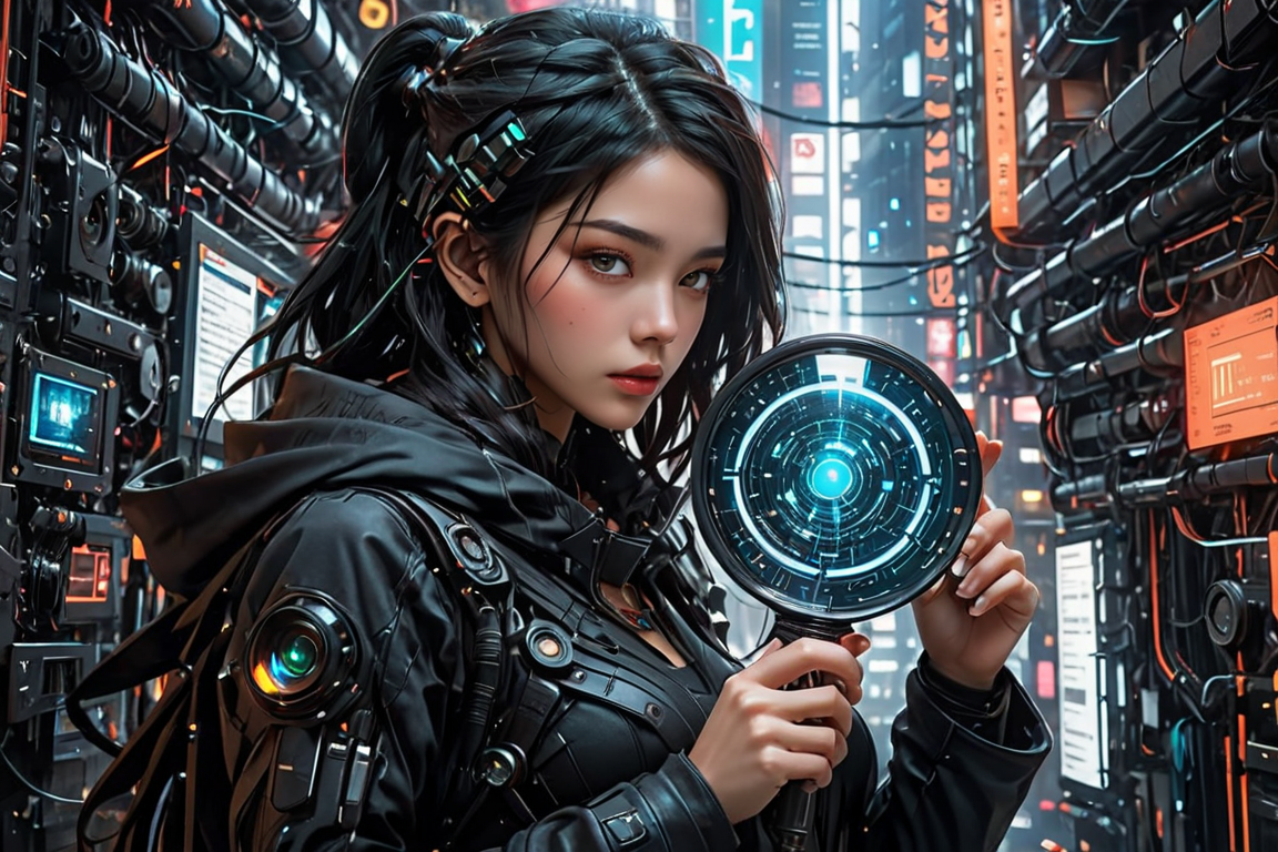 Futuristic woman in a server room holding a high-tech digital hologram device, surrounded by servers and glowing data screens.