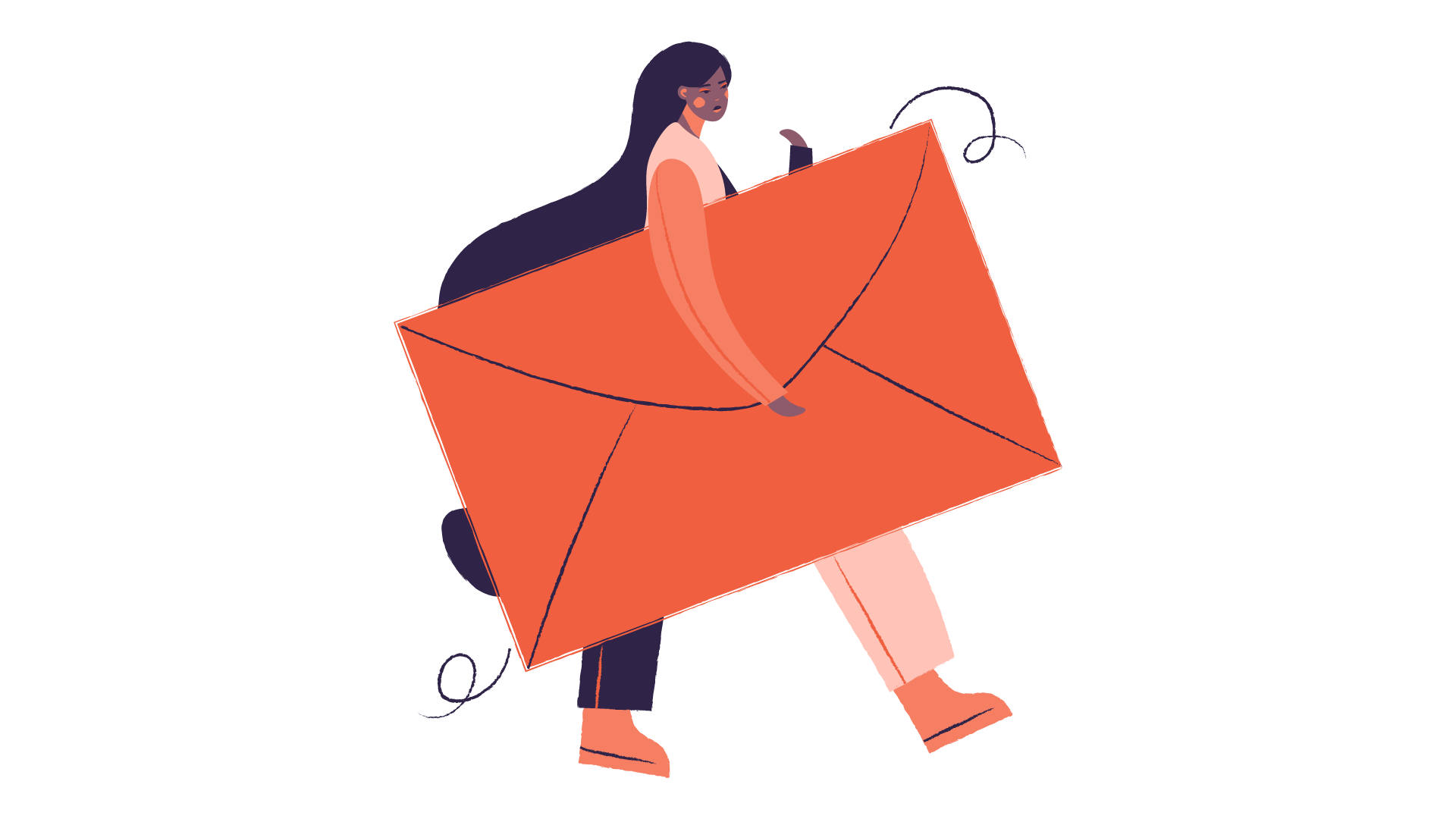 Illustration of a woman with long dark hair holding a large orange envelope. She is dressed in a light pink jacket, pants, and shoes, and is walking while looking at her cellphone.