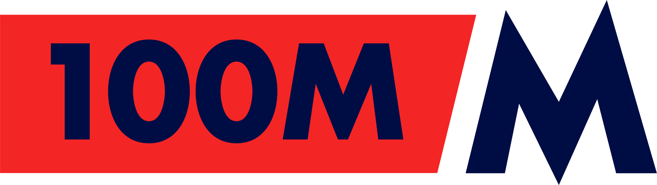 La imagen muestra el logotipo del canal de televisión "100 M" con el texto "100M" -100 millas- en grandes letras azules sobre fondo rojo, y un estilizado diseño azul y negro en forma de montaña a la derecha.