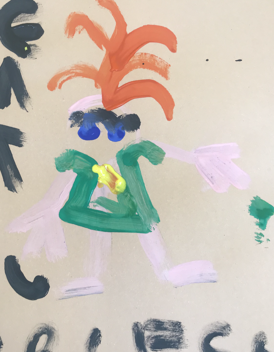 A childs finger painting of a peson with orange hair, blue eyes and a green body