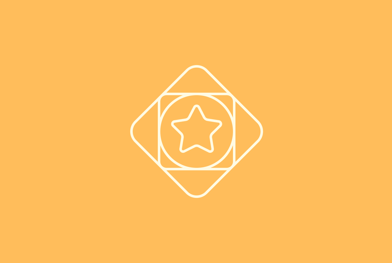 Minimalist icon of a star inside a circle, with diamond shapes around it, on a light orange background.