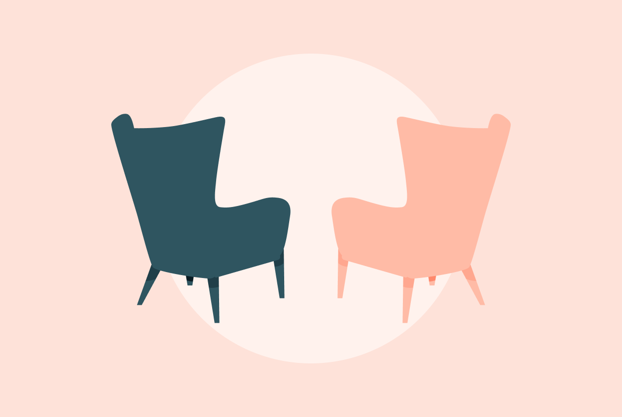 A graphic illustration of two chairs facing eachother