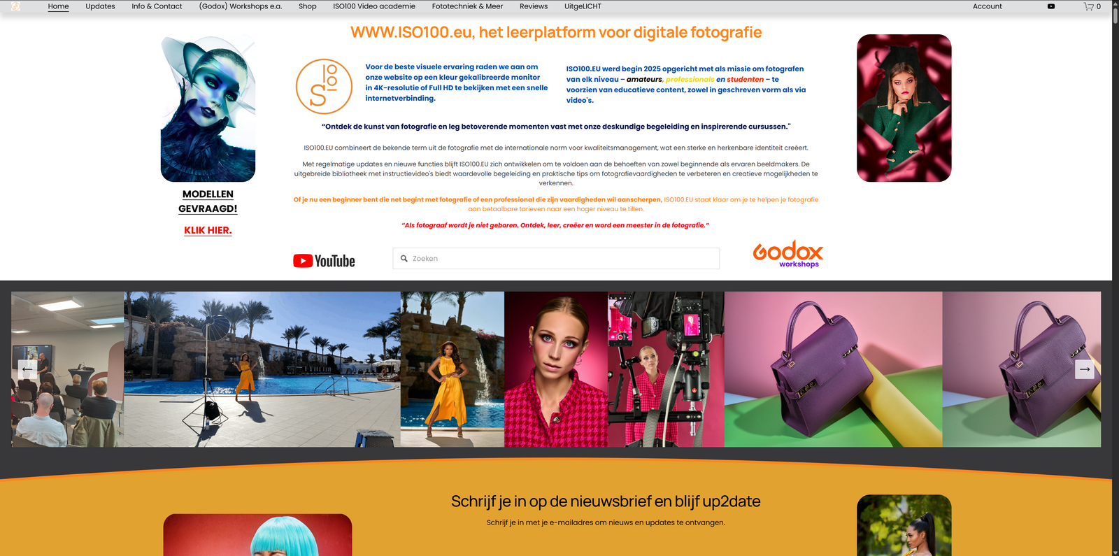 Screenshot van de homepage van ISO100.eu, een leerplatform voor digitale fotografie, met tekst, foto's, en navigatiebalken.