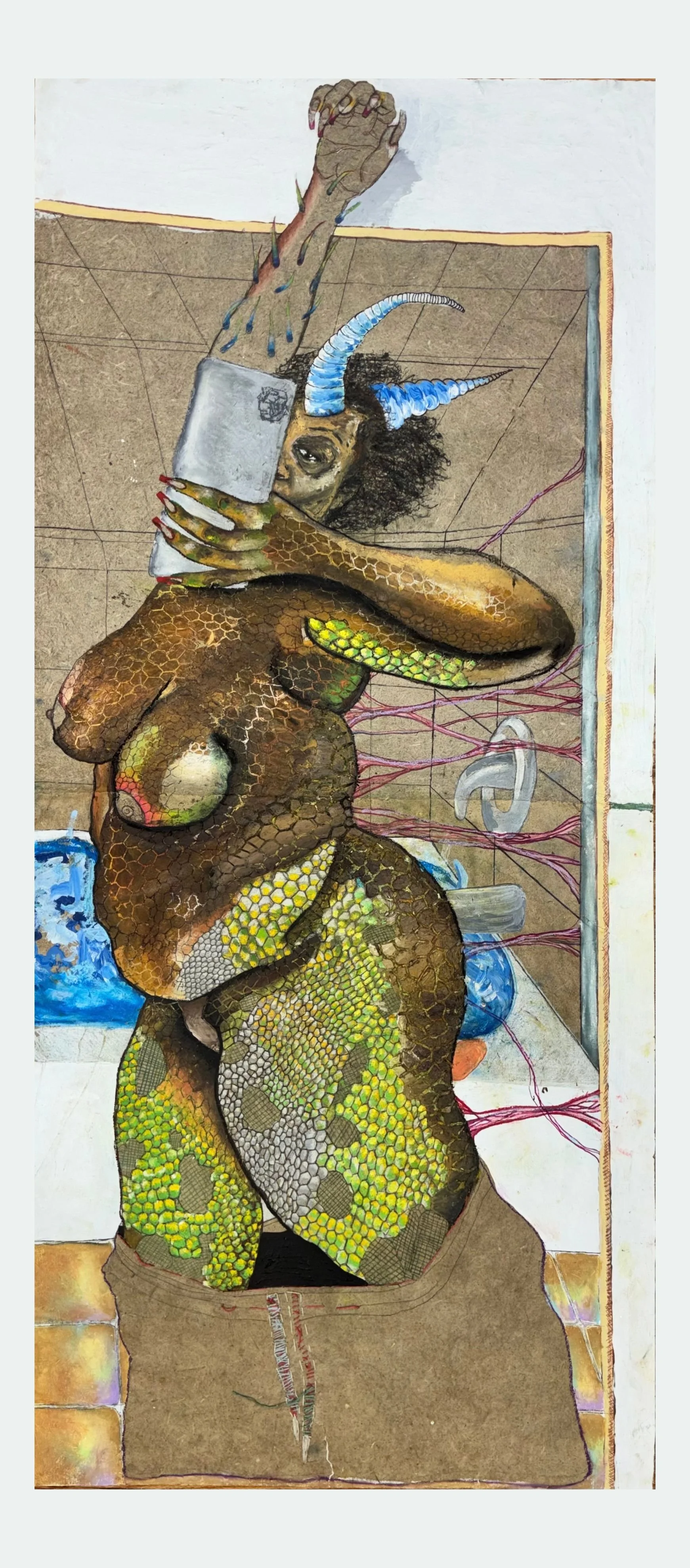 Self Portrait, 2026
Acrylic, oil pastel, colored pencil, micron, and yarn on garlic/pen land hay handmade paper on mat board
72 × 36 in.