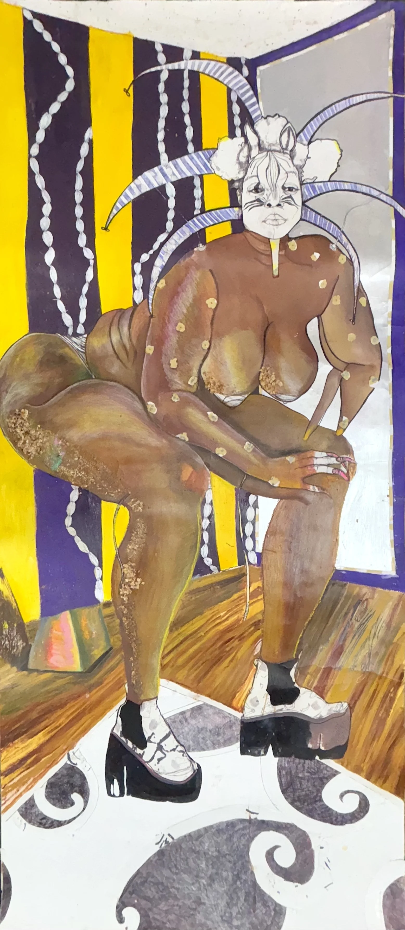 Acrylic, pencil shavings, pastel, micron, and handmade paper on paper 