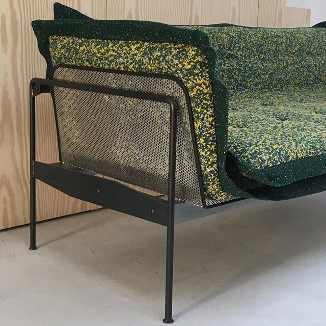 One we made earlier...just before lock down kicked off, we finished these overlapping cushions with soft edges and blind tufting for a bespoke steel framed sofa by @bermudatrips using double Raf Simons x Kvadrat fabrics #modernupholstery #kvadrat #ra