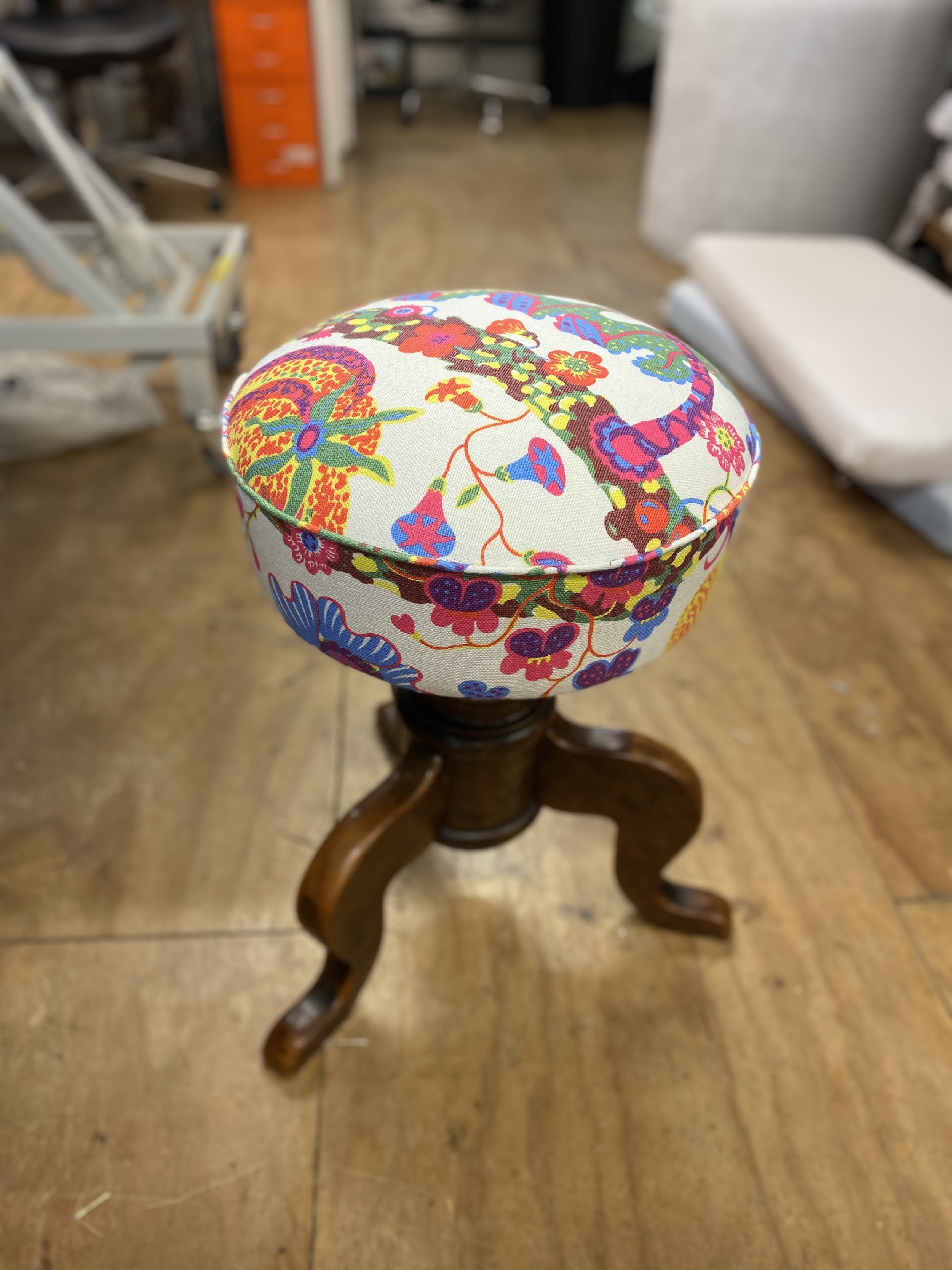 Antique stool traditionally reupholstered and covered in Josef Frank fabric from Svenskt Tenn