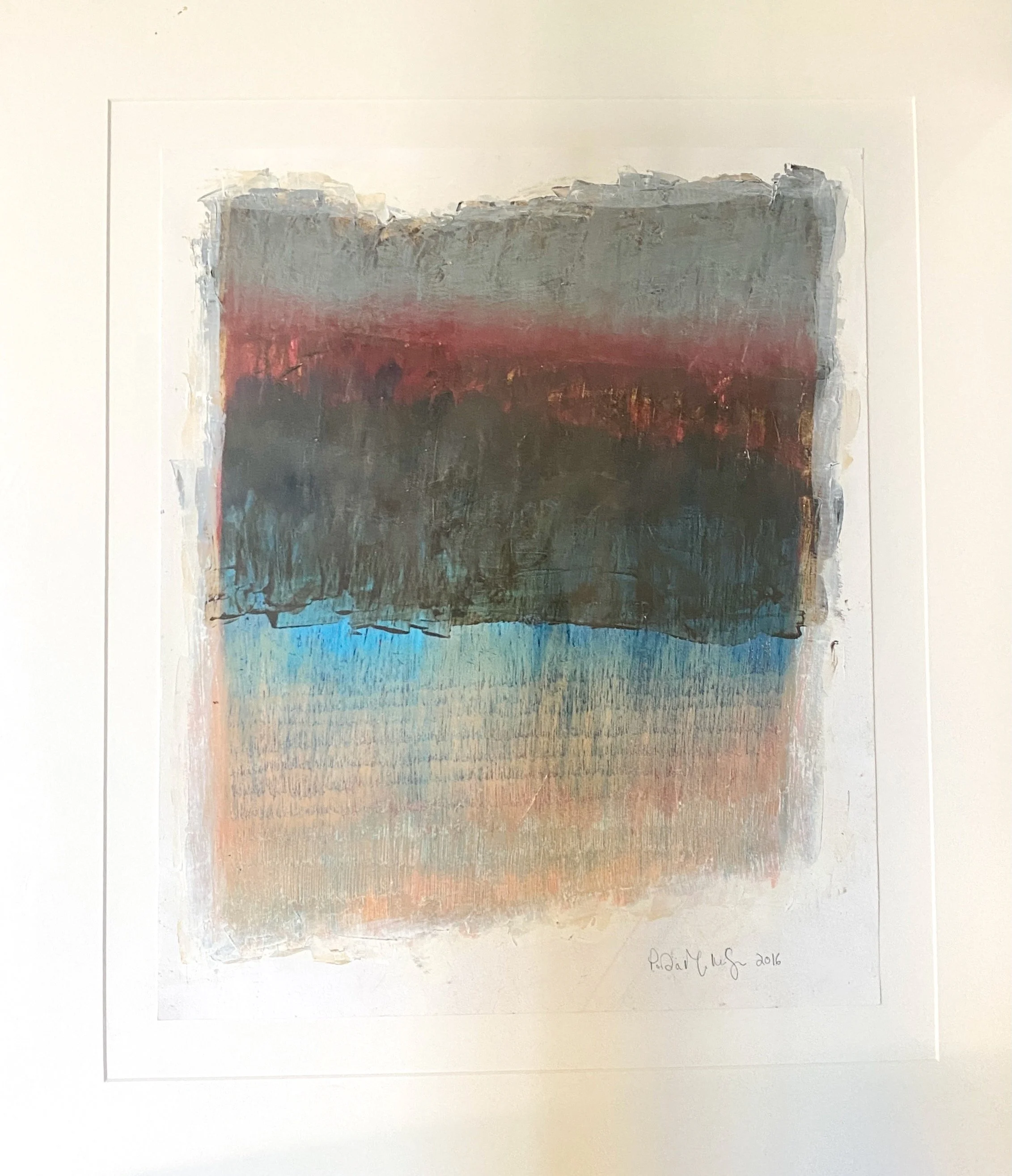 No. 14: Portia Mortensen, No. 14, acrylic and cold wax, bands of charcoal, rust and teal fading to pale blue
