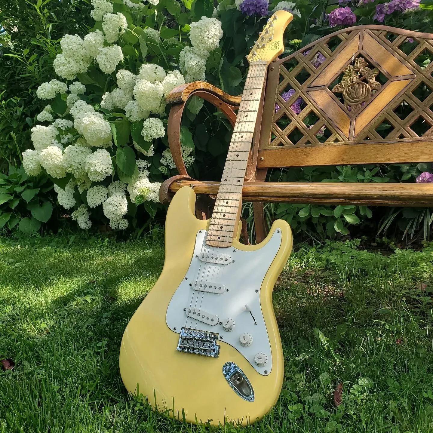 I'm a sucker for a Hondo Strat. Jesse and I were gifted one as kids and it's what we first learned the very basics on. This one was a late night impulse buy. It had a Rockinger Tru Tune bridge that would normally be found on an 80s Kramer. It was a b