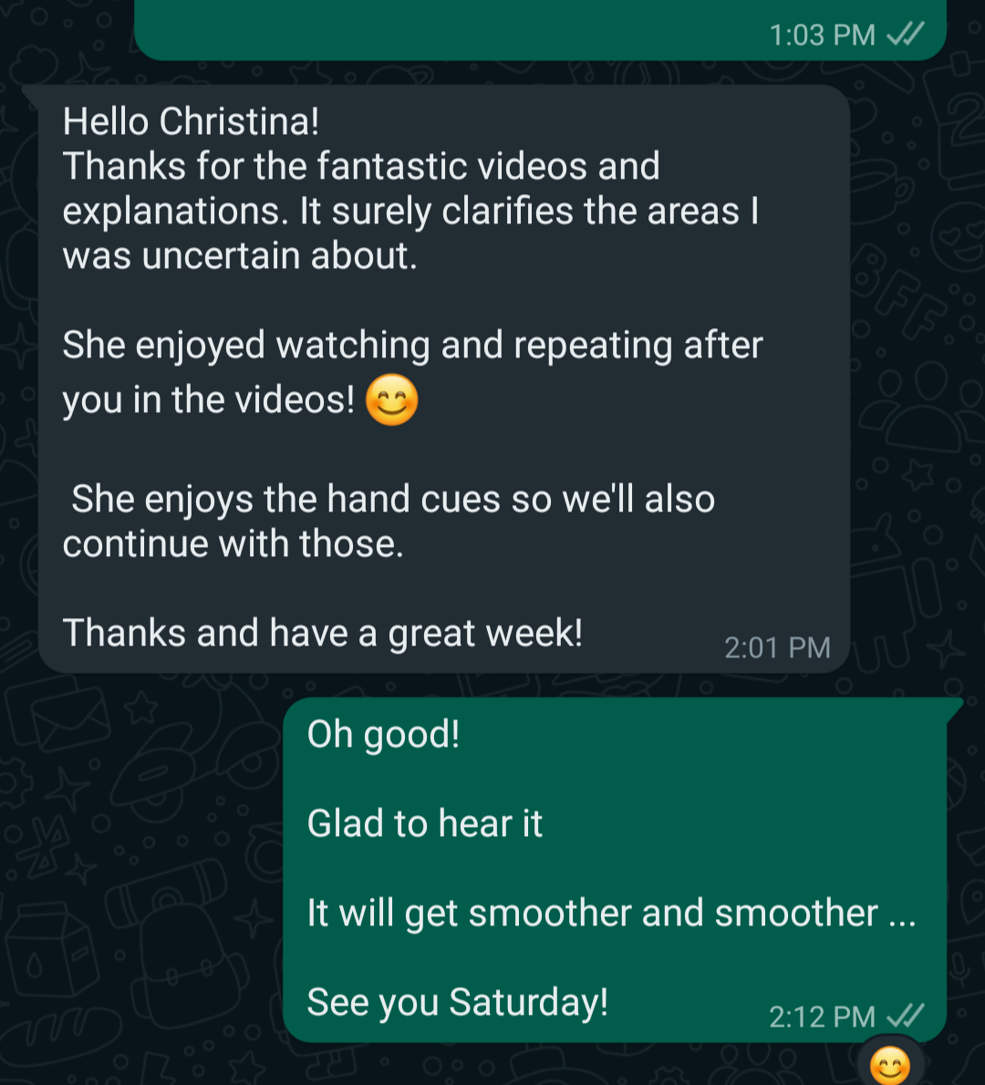 Screenshot of parent feedback expressing positive experience with CloudSpeech online speech therapy.