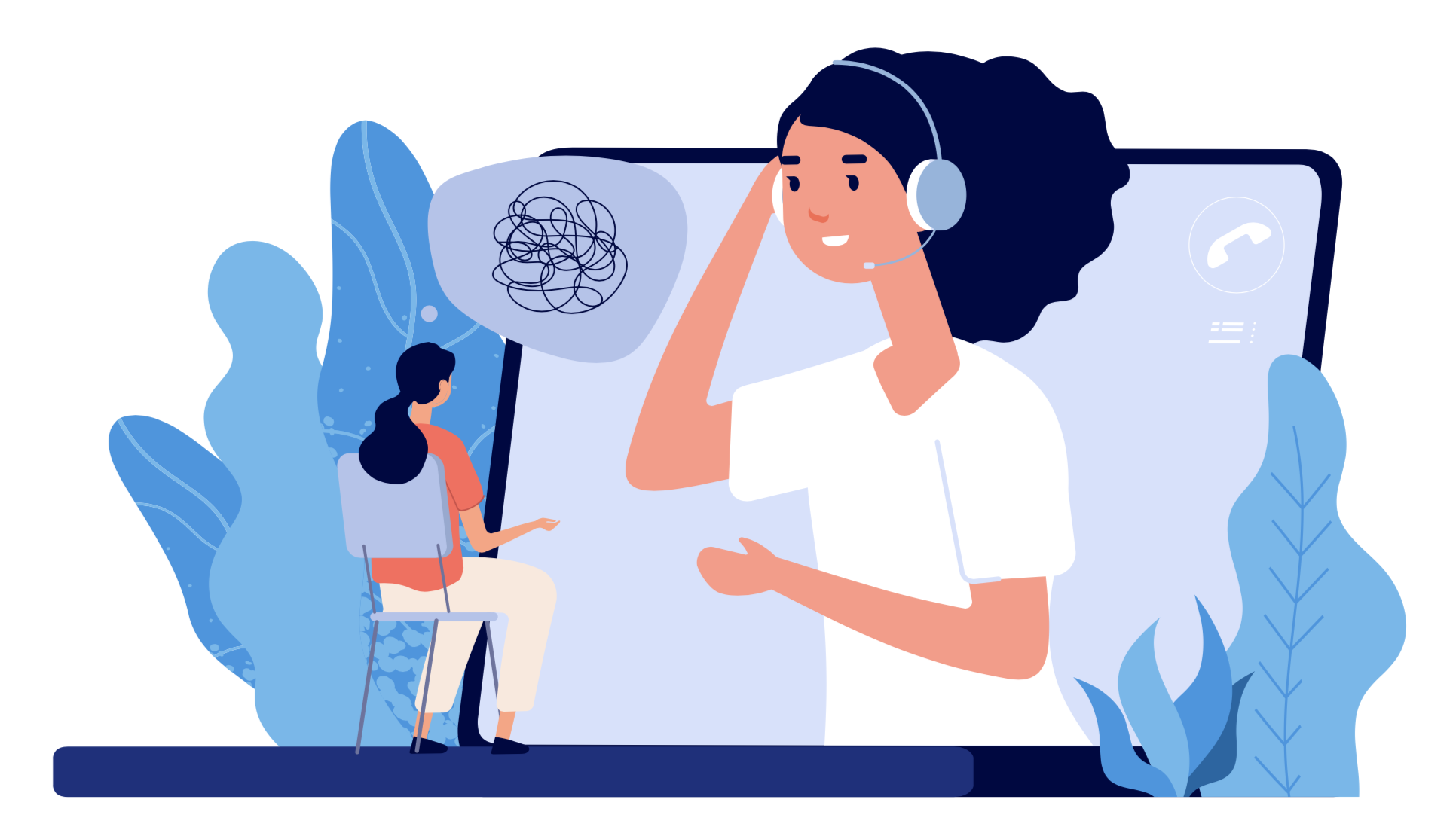 Illustration showing a speech-language pathologist providing online therapy through a virtual screen, representing teletherapy support and understanding.