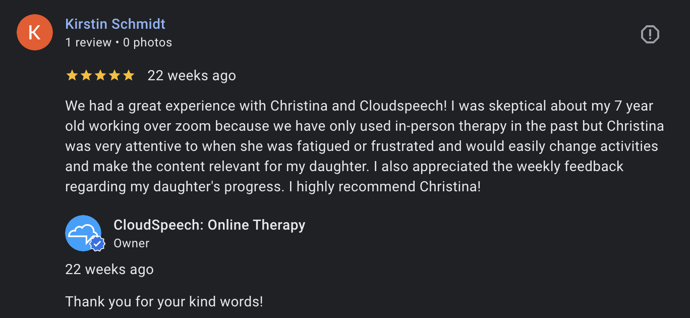 Screenshot of a verified Google parent review for CloudSpeech online speech therapy.