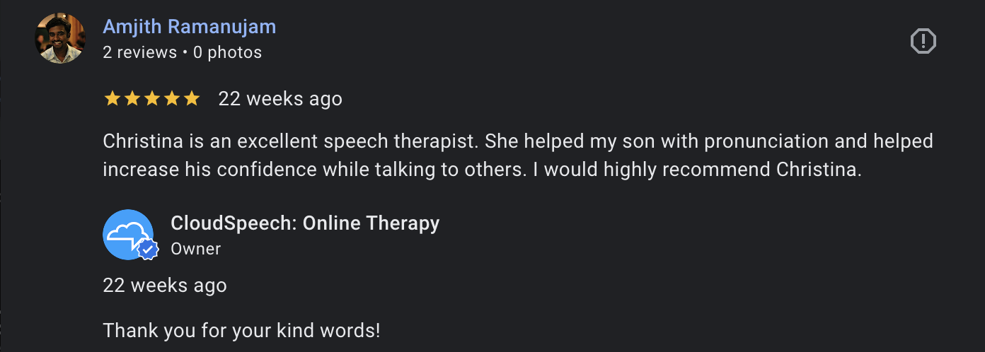 Screenshot of a verified Google parent review for CloudSpeech online speech therapy.