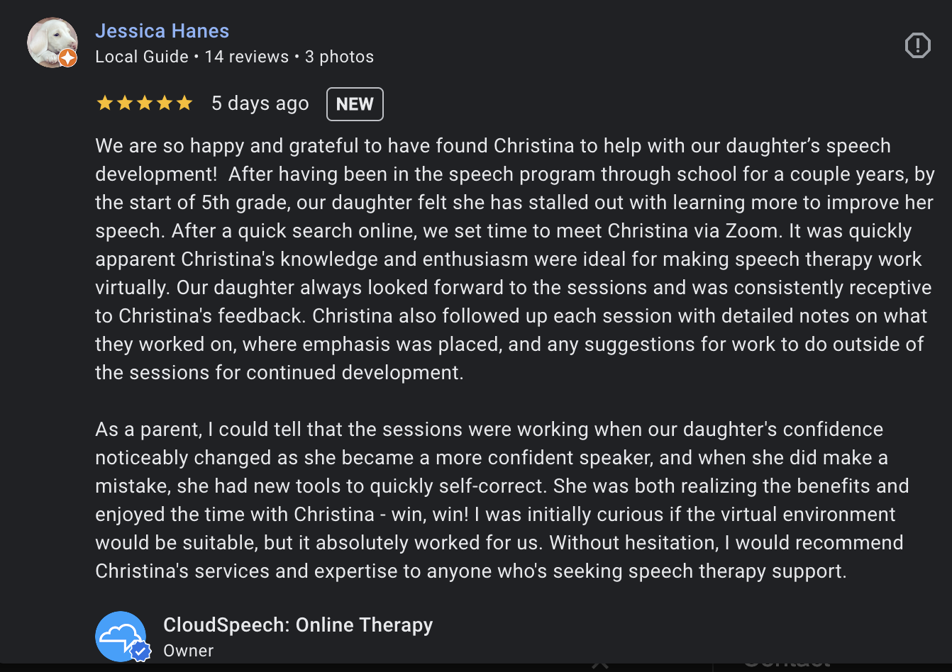 Screenshot 8.46.34 PM 5-star Google review for CloudSpeech praising Christina Burnham's speech therapy results for a child with speech sound disorder
