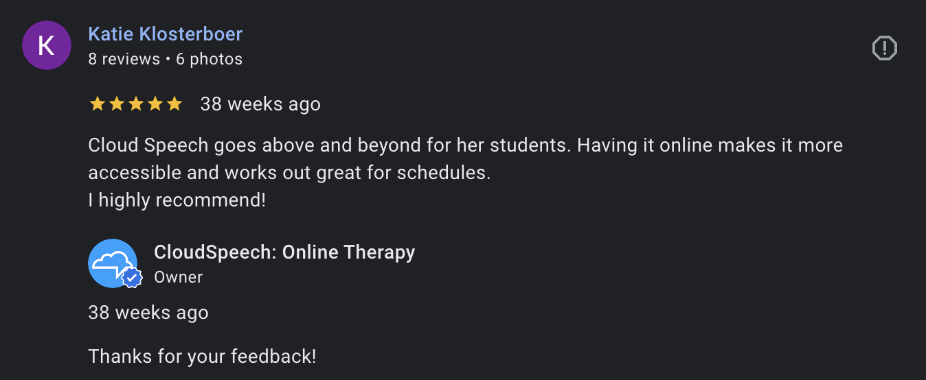 Screenshot 8.45.40 PM 5-star Google review for CloudSpeech virtual speech therapy practice in Texas