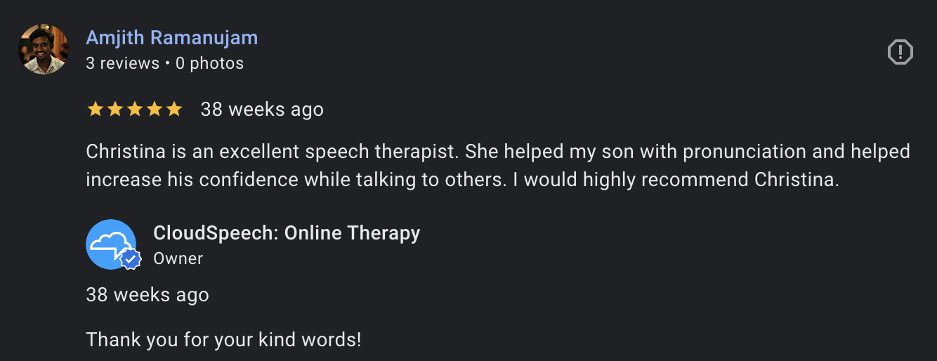 Screenshot 8.45.28 PM 5-star Google review from a Texas family recommending CloudSpeech online speech therapy for children