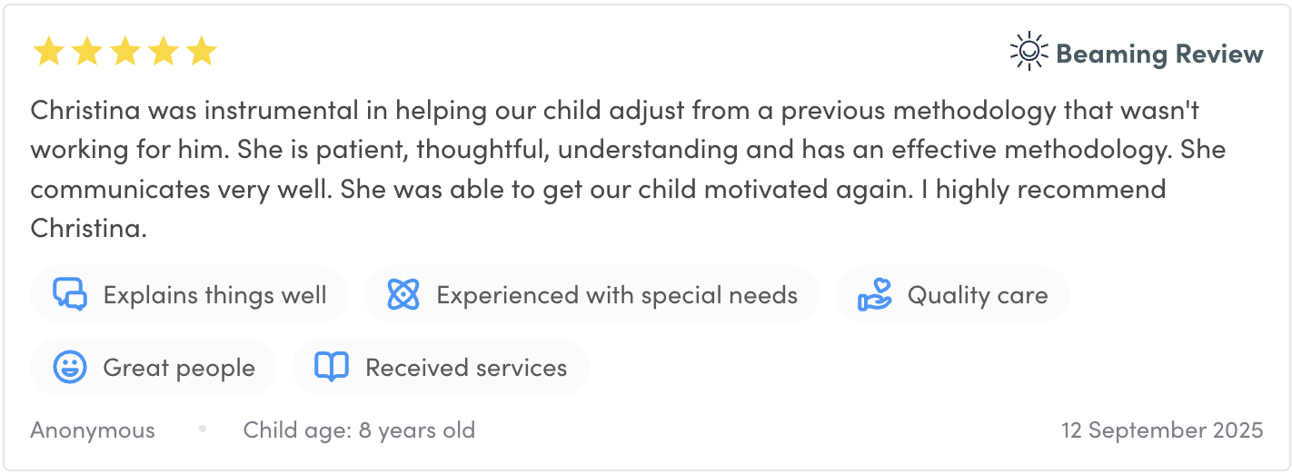 Screenshot of a parent review on Beaming Health describing their experience with CloudSpeech online speech therapy.
