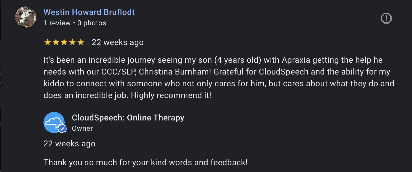 Screenshot of a verified Google parent review for CloudSpeech online speech therapy.