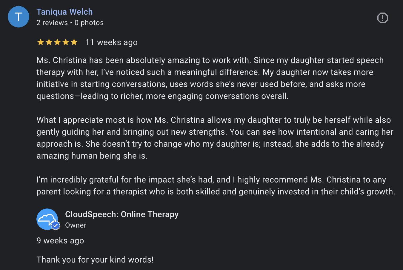 Screenshot 8.46.14 PM 5-star Google review for CloudSpeech online speech therapy from a satisfied Texas parent