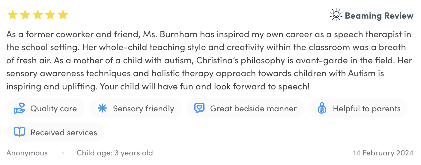 Screenshot of a parent review on Beaming Health describing their experience with CloudSpeech online speech therapy.