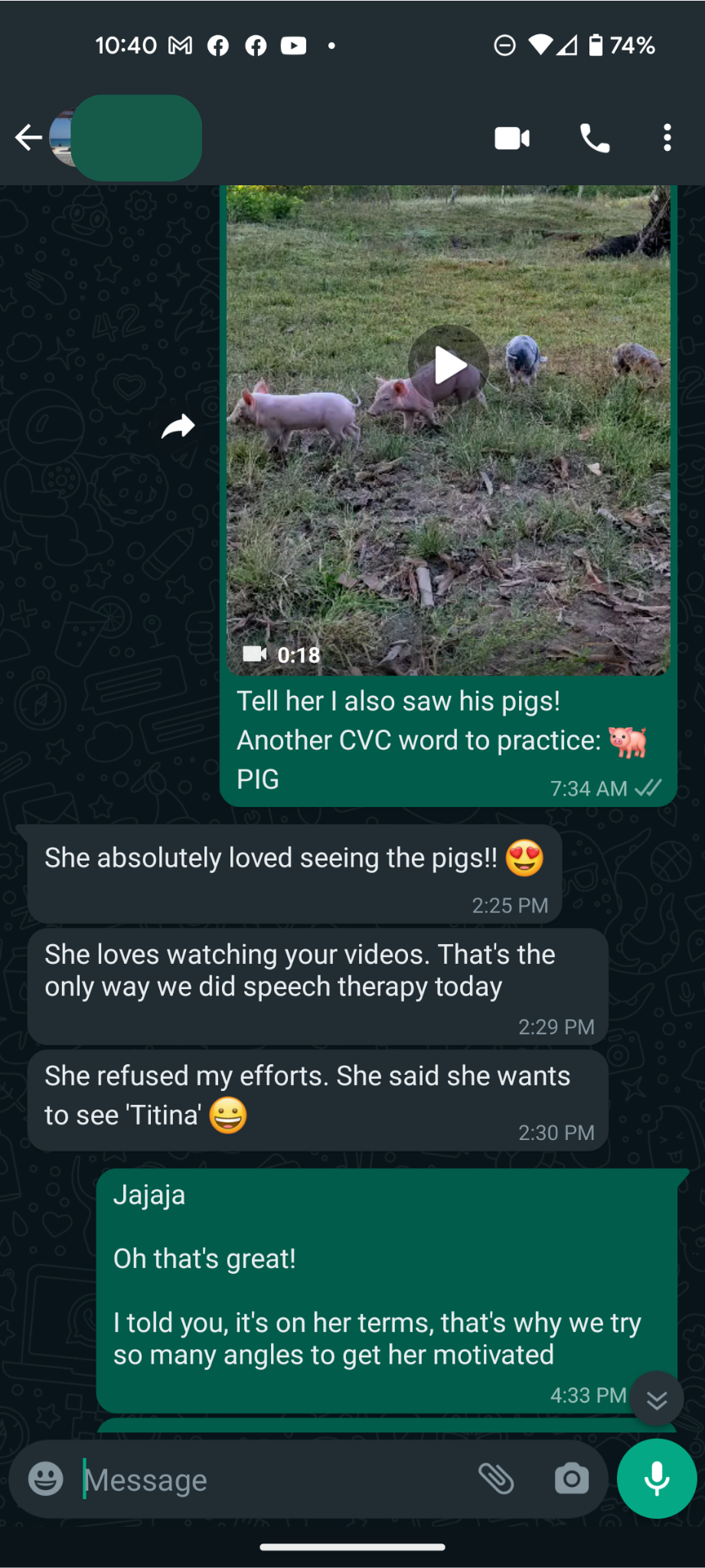 Screenshot of parent feedback expressing positive experience with CloudSpeech online speech therapy.